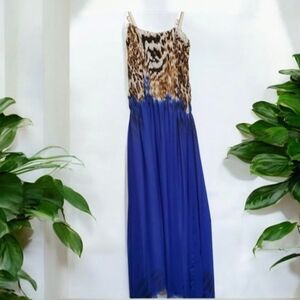 Blue & Animal Print Tube Top Maxi Dress with Spaghetti Straps